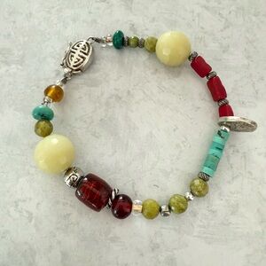 Colorful Beaded Gemstone Bracelet With Sterling Silver “Happiness” Symbol Clasp